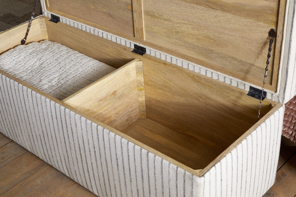 Sanja Stripe Cotton & Linen Upholstered Storage Bench - Grey