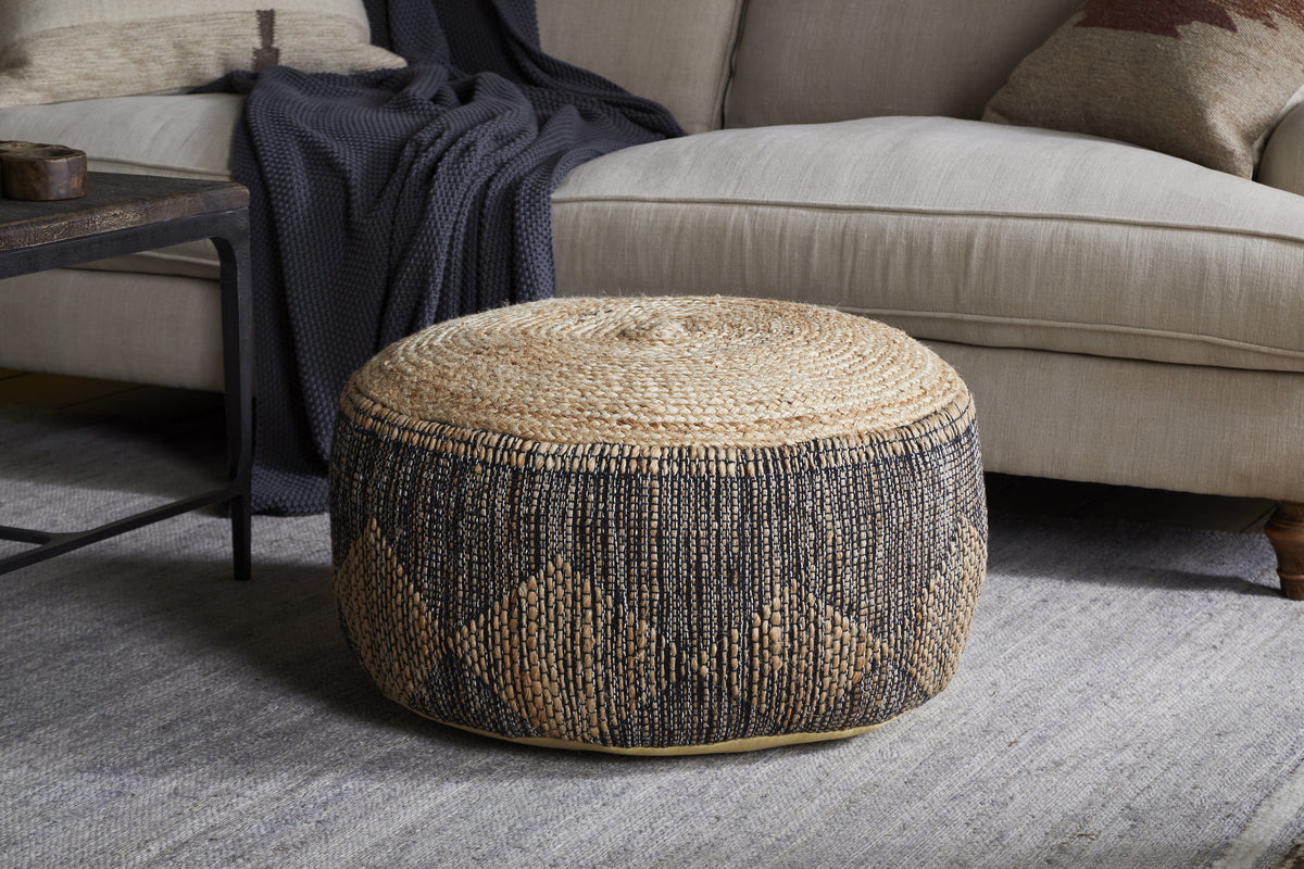 Kapil Jute Round Pouf - Charcoal