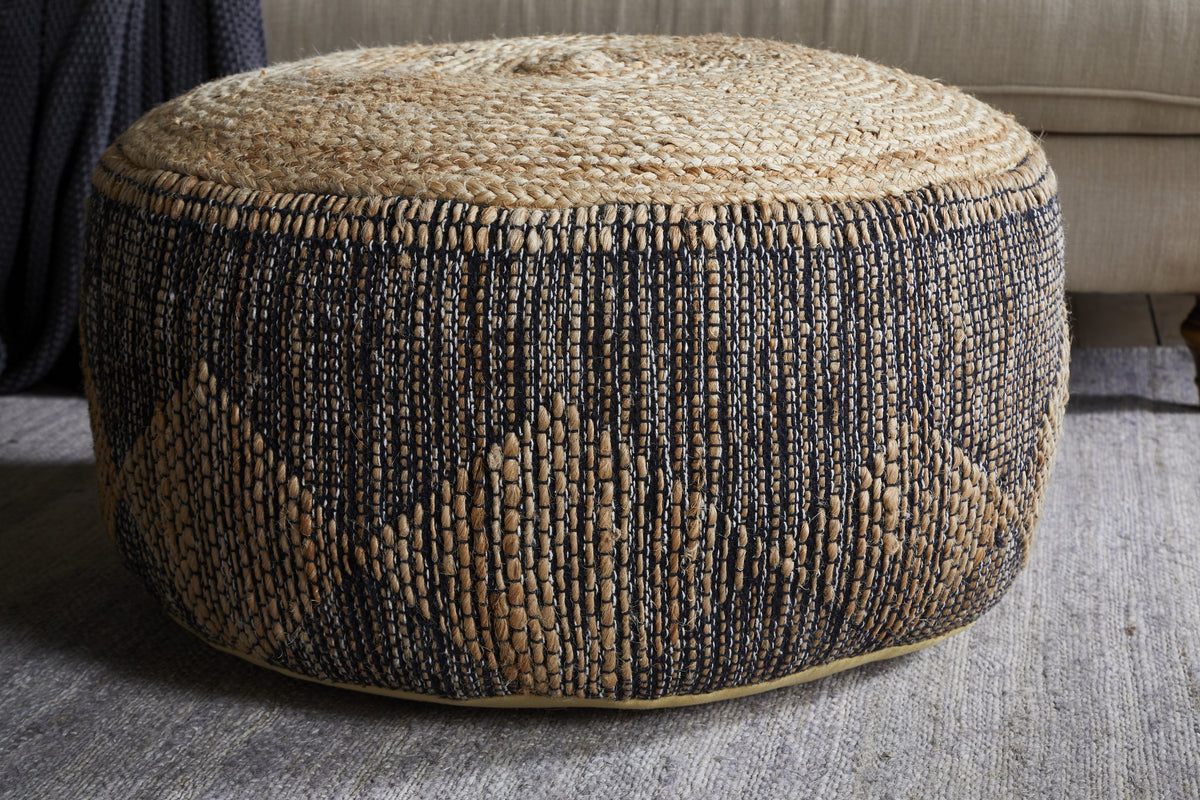Kapil Jute Round Pouf - Charcoal