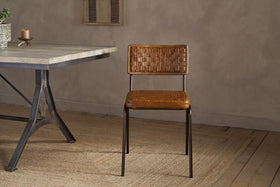 Amala Leather Weave & Iron Dining Chair - Aged Tan
