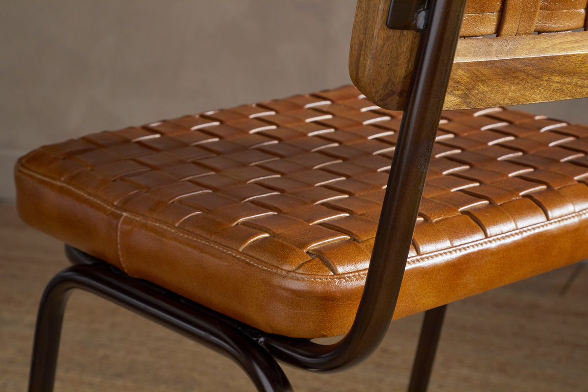 Amala Leather Weave & Iron Dining Chair - Aged Tan