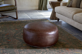 Farida Leather Weave Pouf - Chocolate Brown