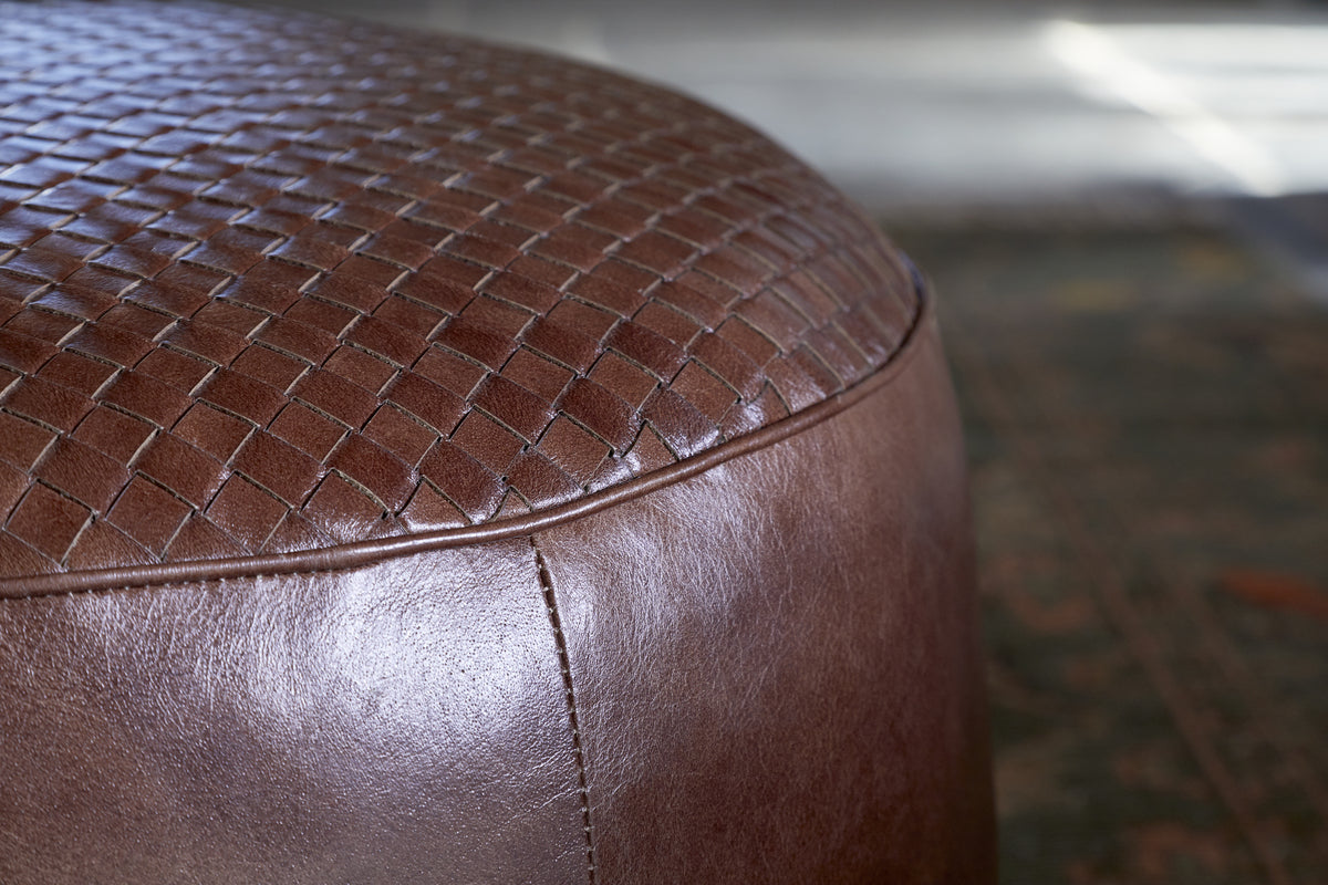 Farida Leather Weave Pouf - Chocolate Brown
