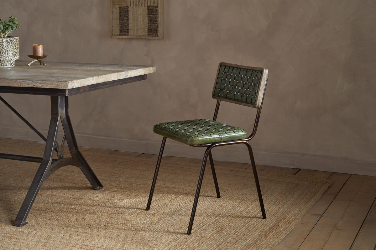 Amala Leather Weave & Iron Dining Chair - Rich Green