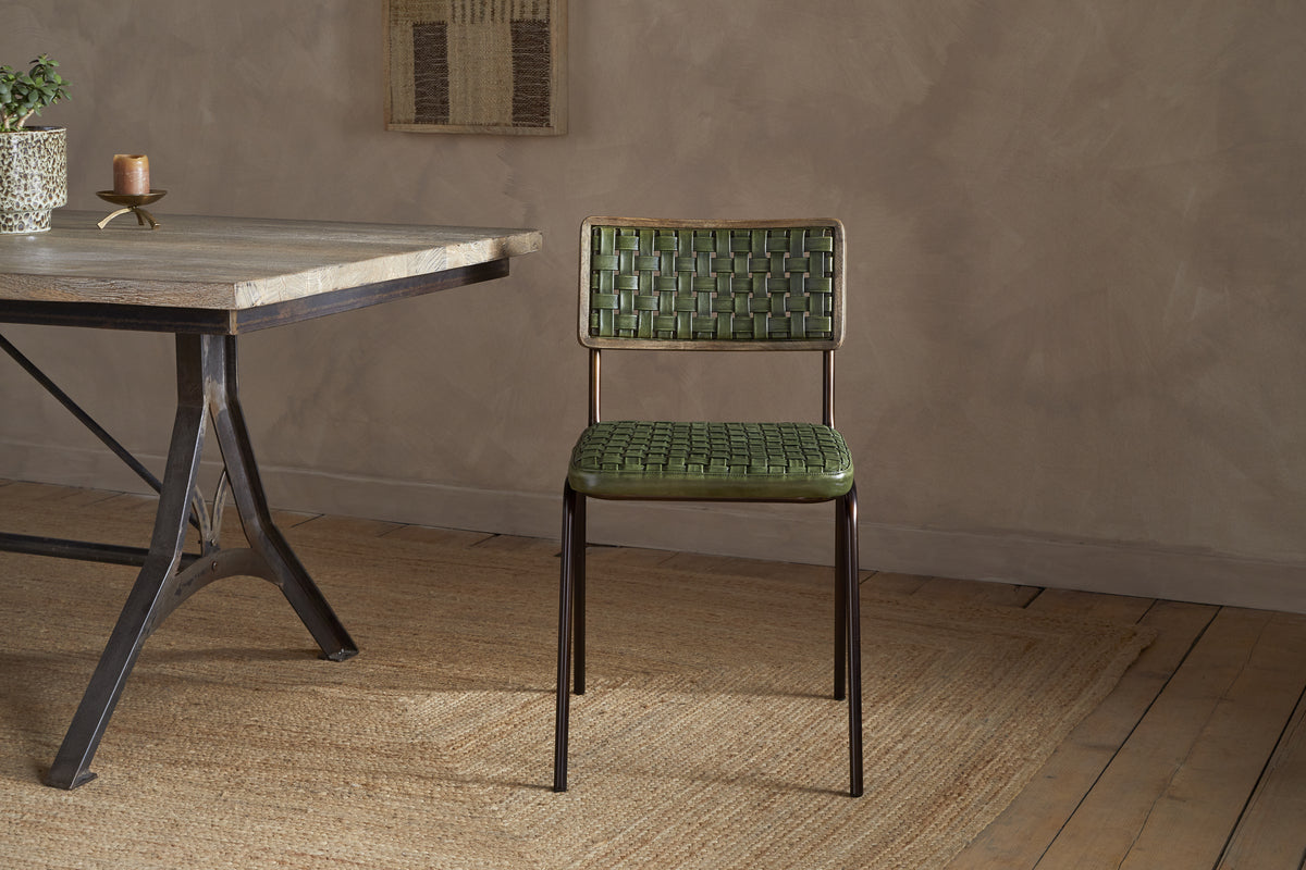 Amala Leather Weave & Iron Dining Chair - Rich Green