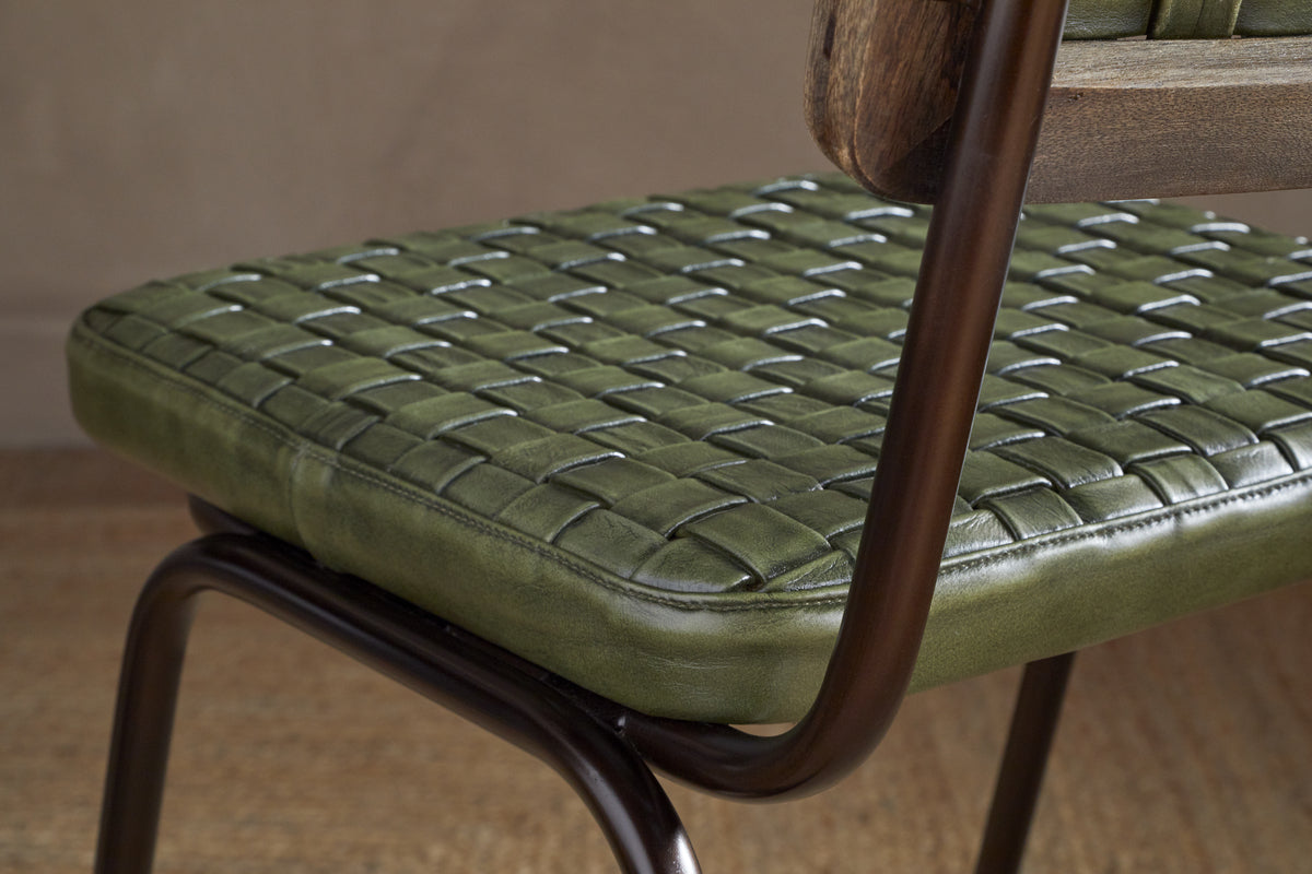 Amala Leather Weave & Iron Dining Chair - Rich Green