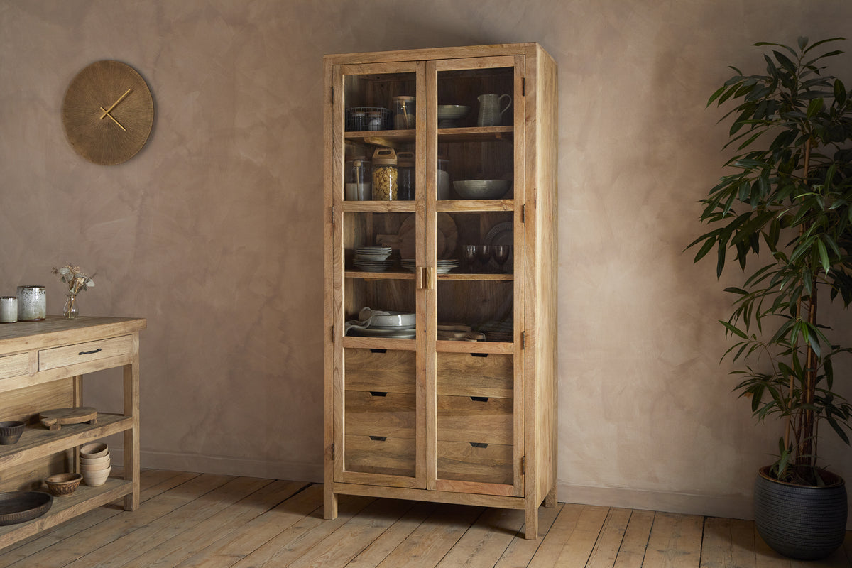 Artha Mango Wood & Glass Tall Cabinet - Natural