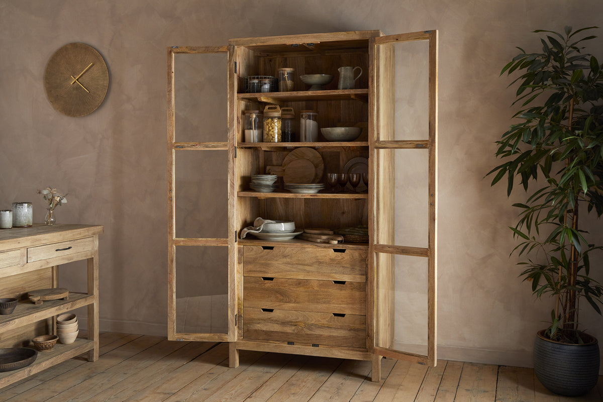 Artha Mango Wood & Glass Tall Cabinet - Natural