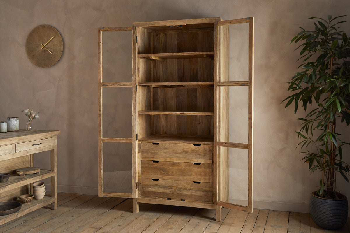 Artha Mango Wood & Glass Tall Cabinet - Natural