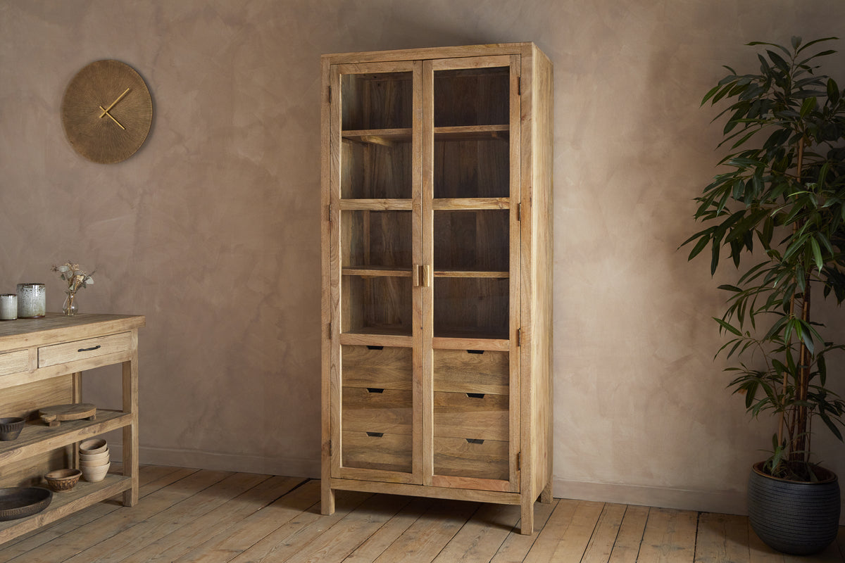 Artha Mango Wood & Glass Tall Cabinet - Natural
