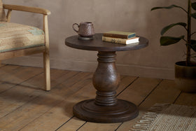 Laya Carved Wood Side Table - Chocolate Brown