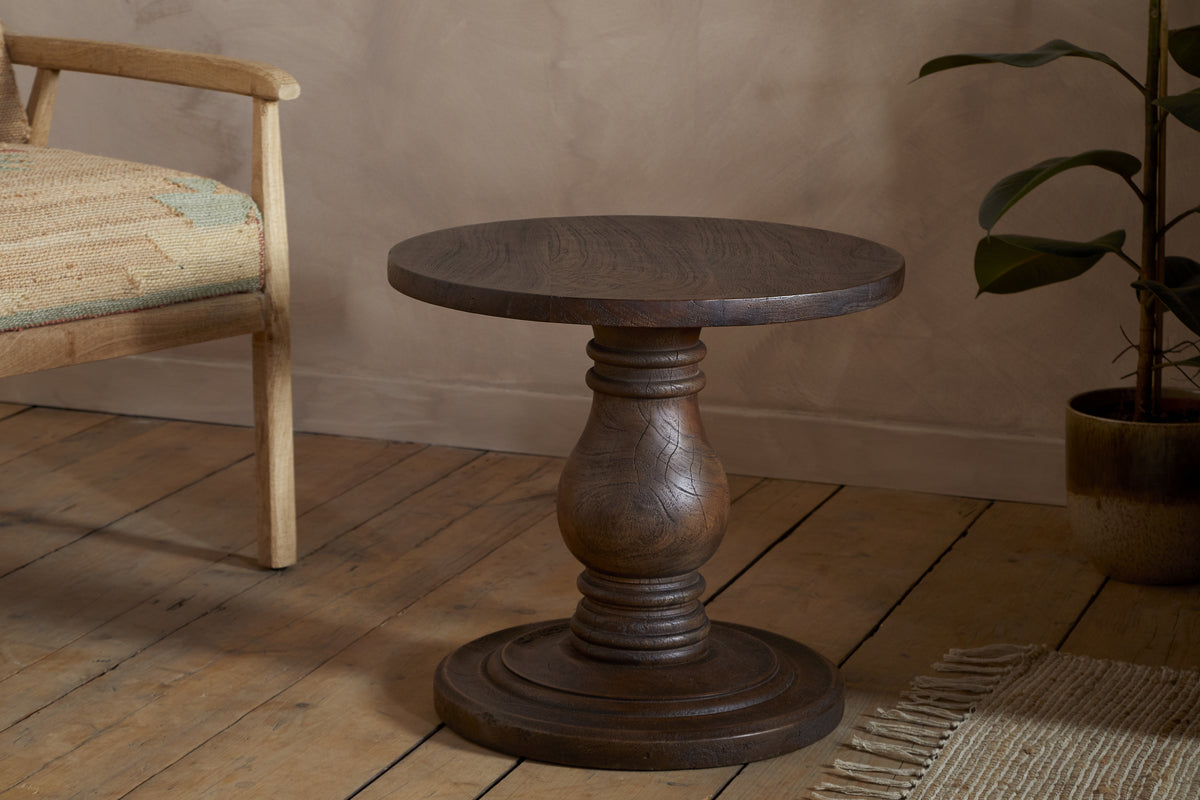 Laya Carved Wood Side Table - Chocolate Brown