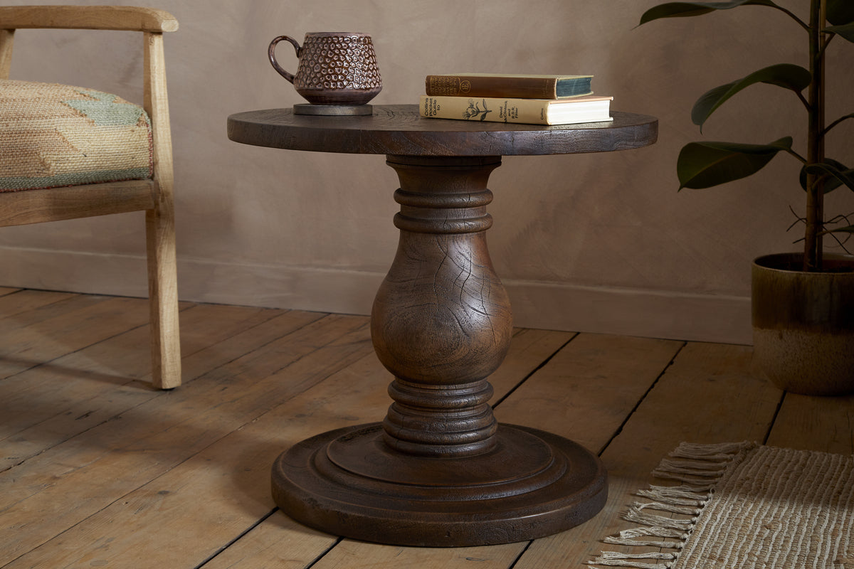 Laya Carved Wood Side Table - Chocolate Brown