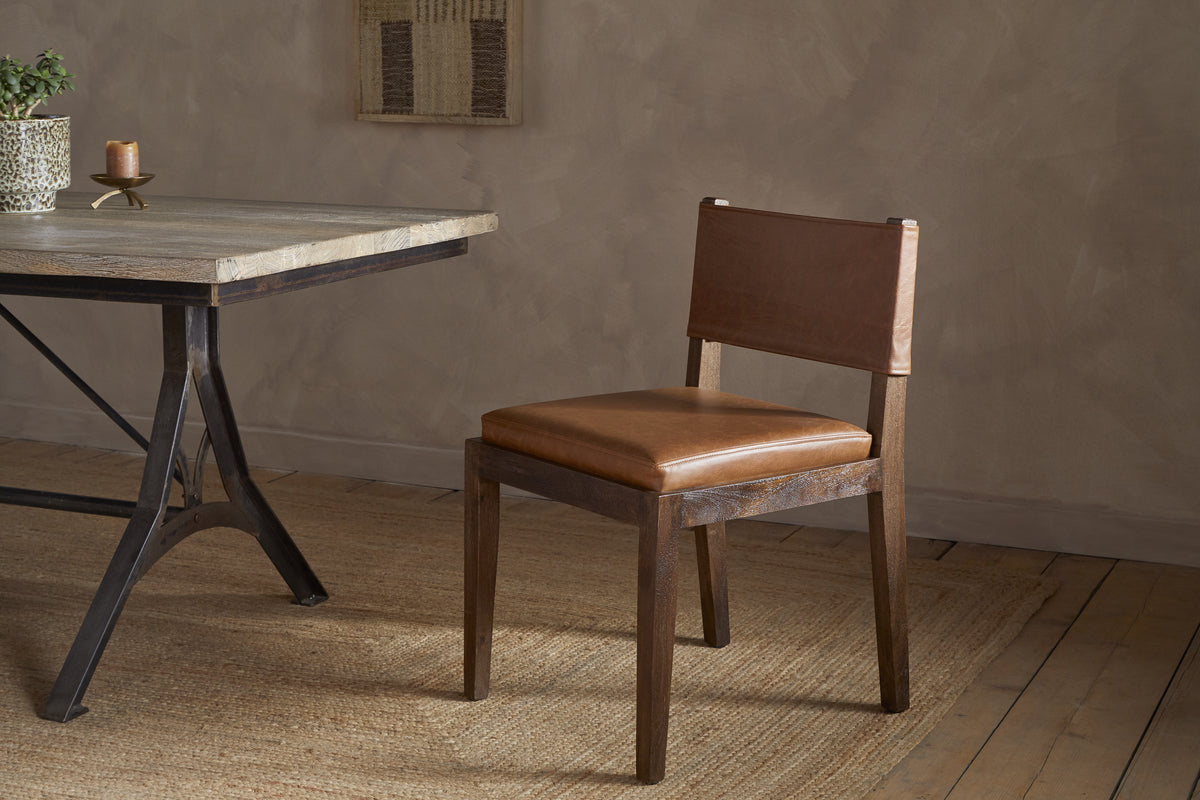 Kusa Mango Wood & Leather Dining Chair - Aged Tan