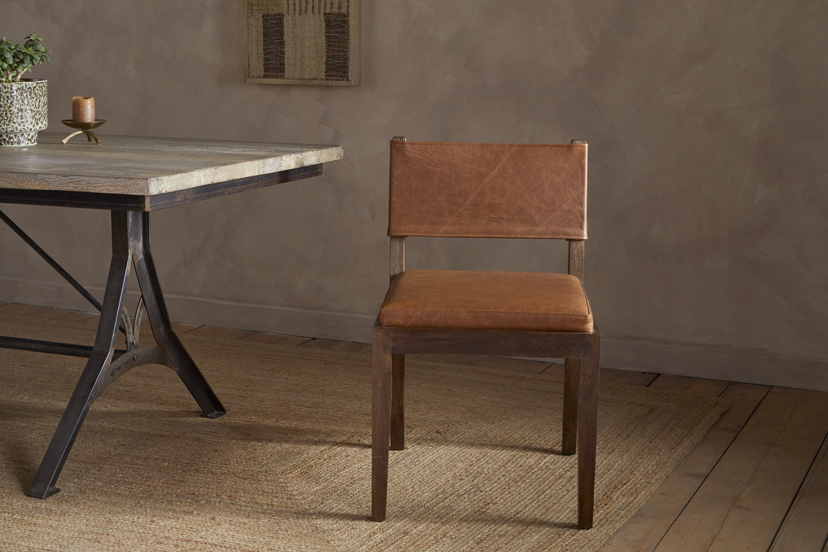Kusa Mango Wood & Leather Dining Chair - Aged Tan