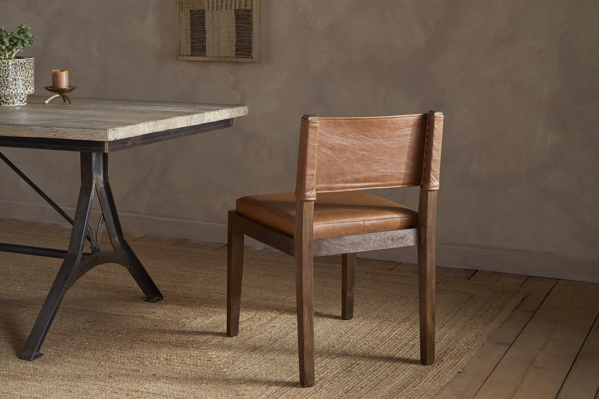 Kusa Mango Wood & Leather Dining Chair - Aged Tan