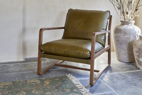 Baloo Acacia Wood & Leather Occasional Chair - Olive Green