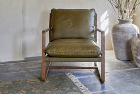 Baloo Acacia Wood & Leather Occasional Chair - Olive Green