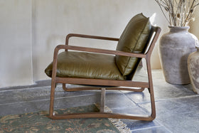 Baloo Acacia Wood & Leather Occasional Chair - Olive Green