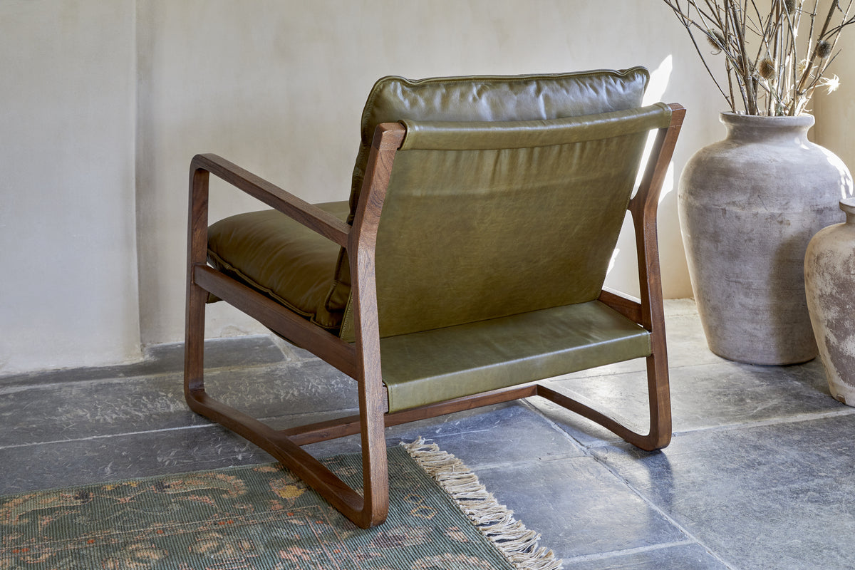 Baloo Acacia Wood & Leather Occasional Chair - Olive Green