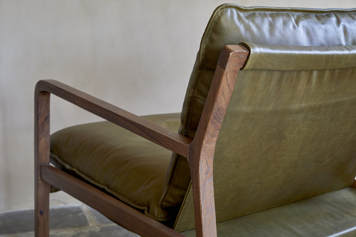 Baloo Acacia Wood & Leather Occasional Chair - Olive Green
