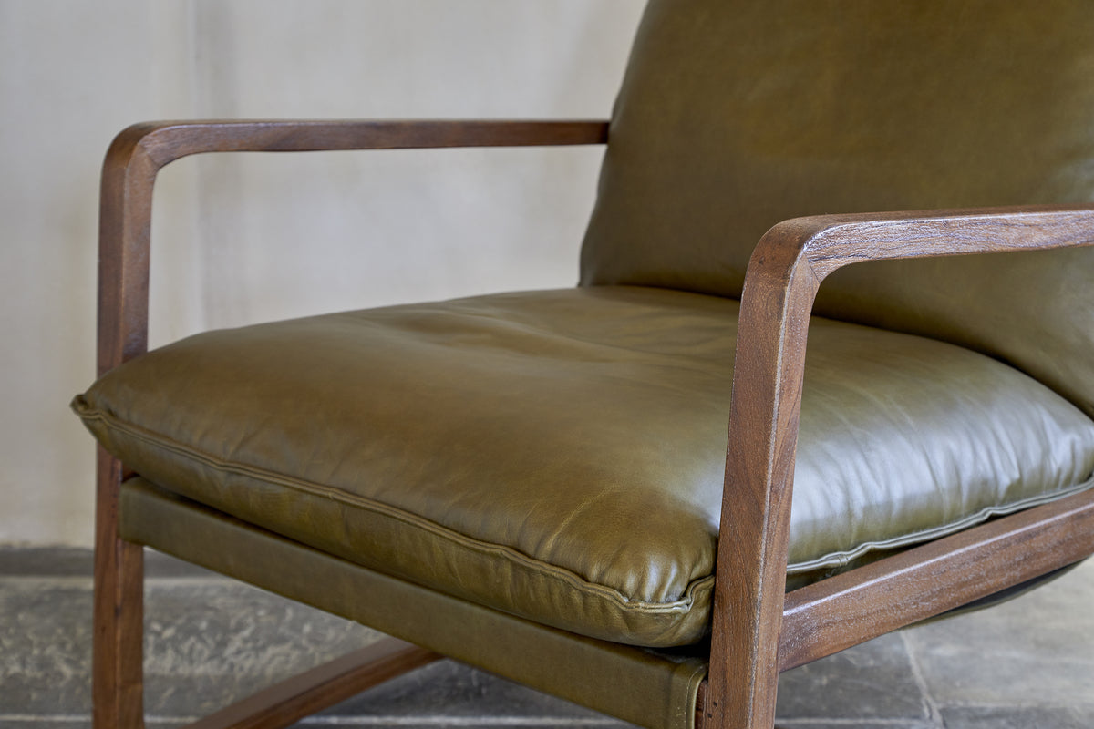 Baloo Acacia Wood & Leather Occasional Chair - Olive Green