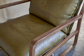 Baloo Acacia Wood & Leather Occasional Chair - Olive Green