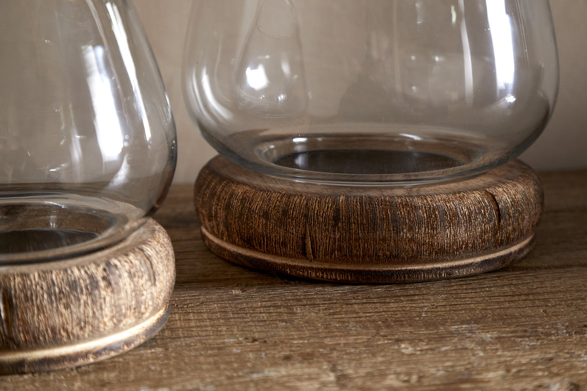 Ika Mango Wood & Recycled Glass Lantern - Natural & Clear
