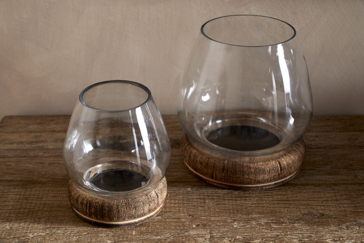 Ika Mango Wood & Recycled Glass Lantern - Natural & Clear
