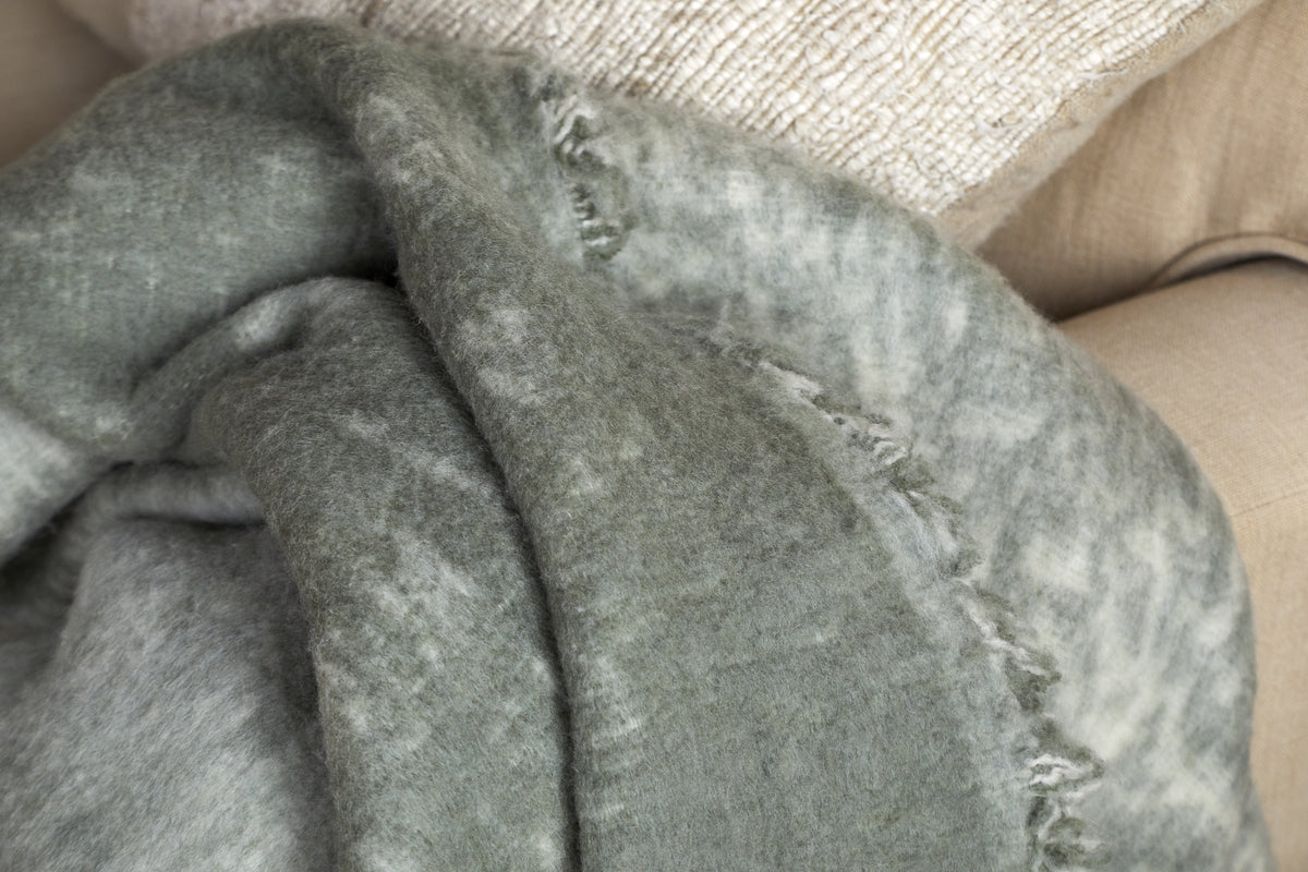 Kambali Distressed Wool Jacquard Throw - Moss