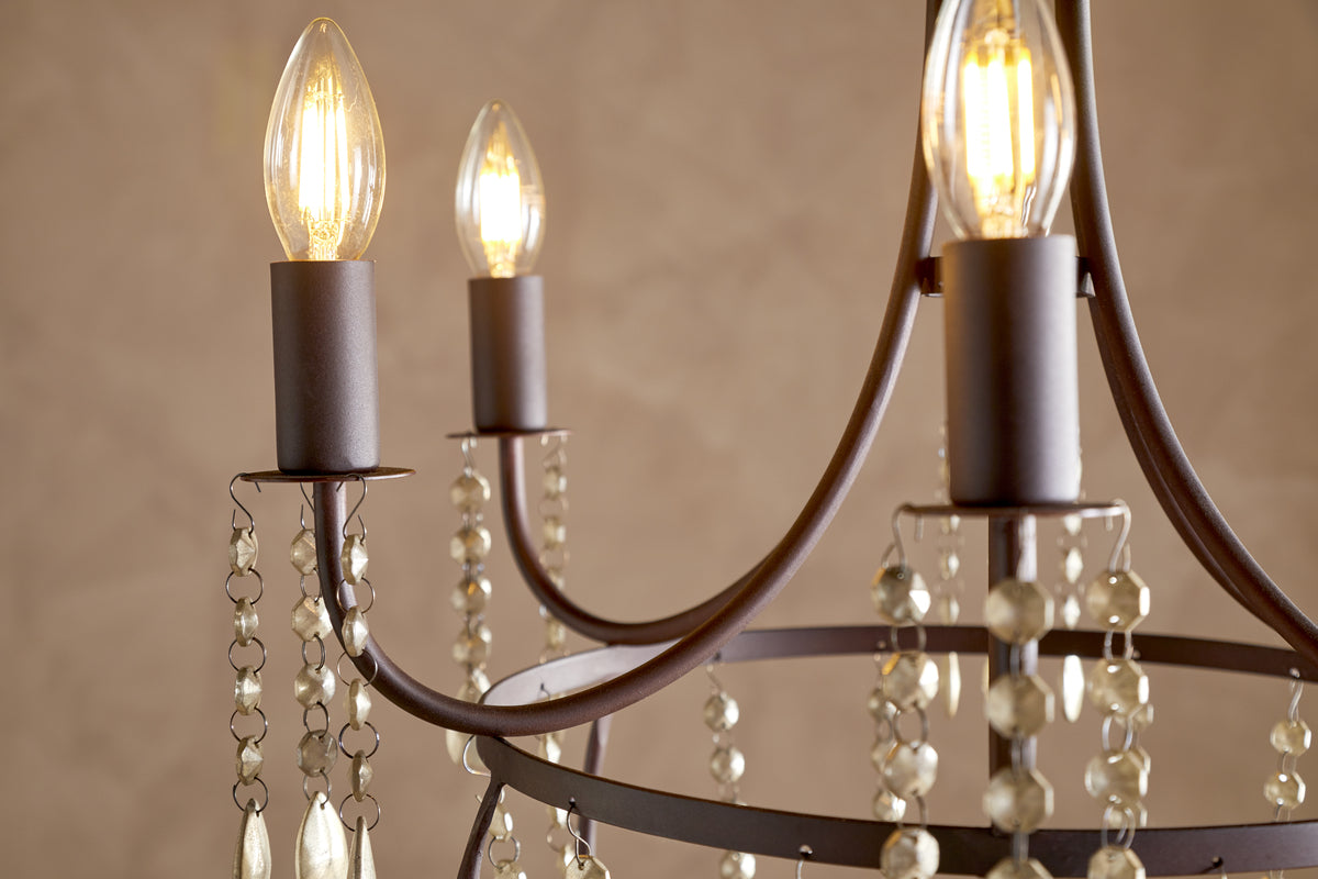 Naavia Rustic Iron & Crystal Chandelier - Rust