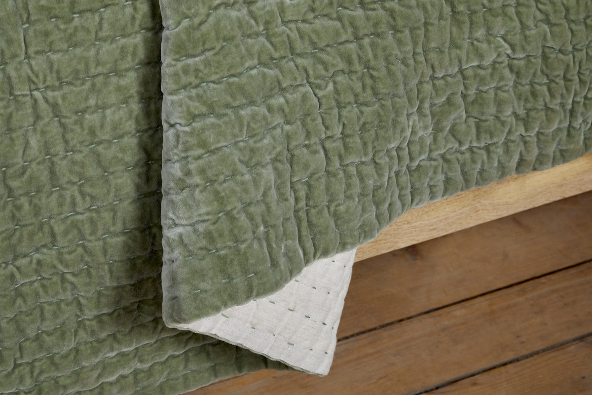 Nidra Velvet & Linen Bed Quilt - Sage Green - 220 x 240cm