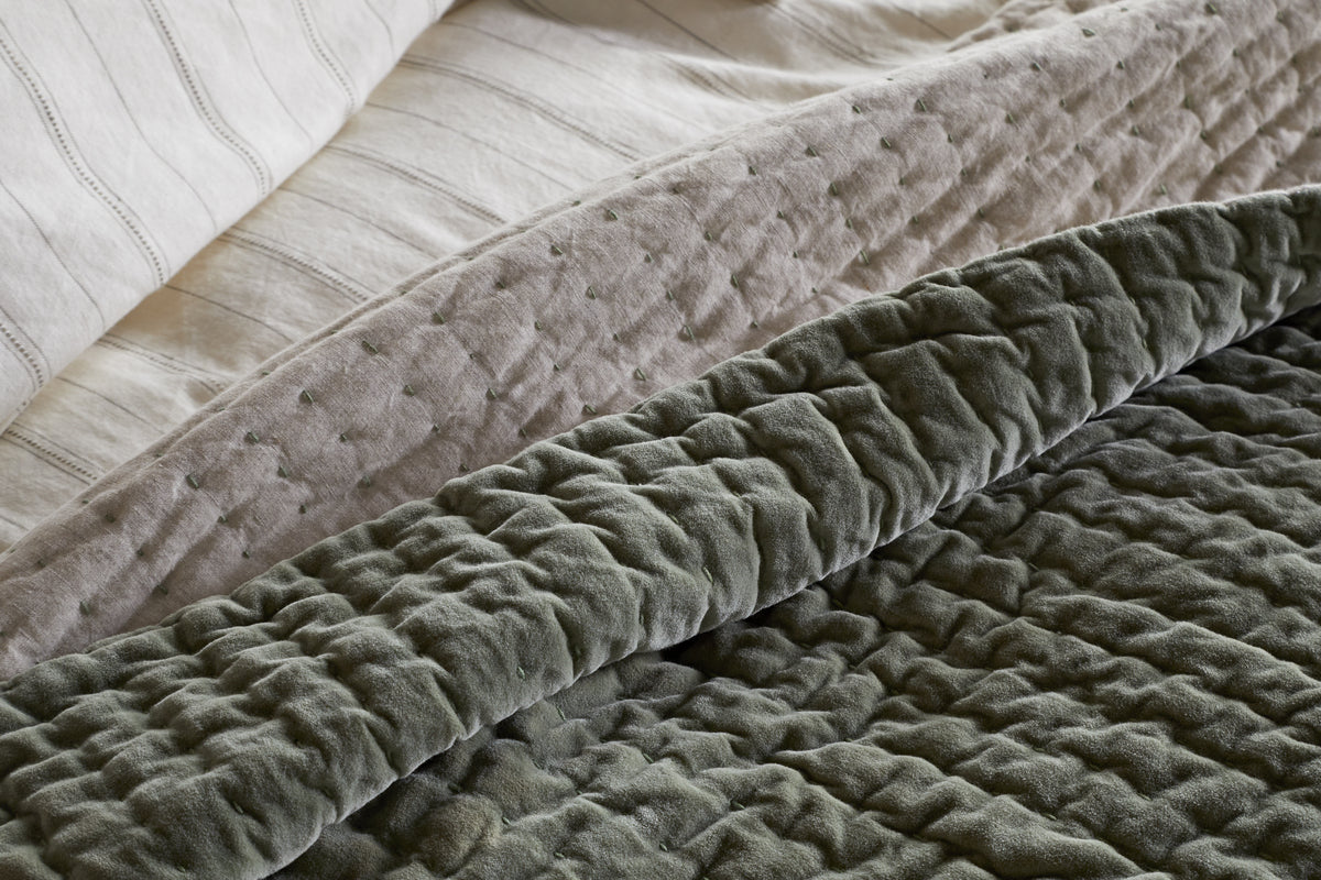 Nidra Velvet & Linen Bed Quilt - Sage Green - 220 x 240cm