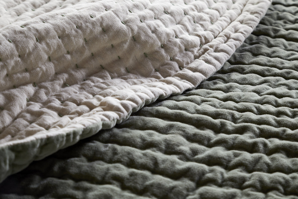 Nidra Velvet & Linen Bed Quilt - Sage Green - 220 x 240cm