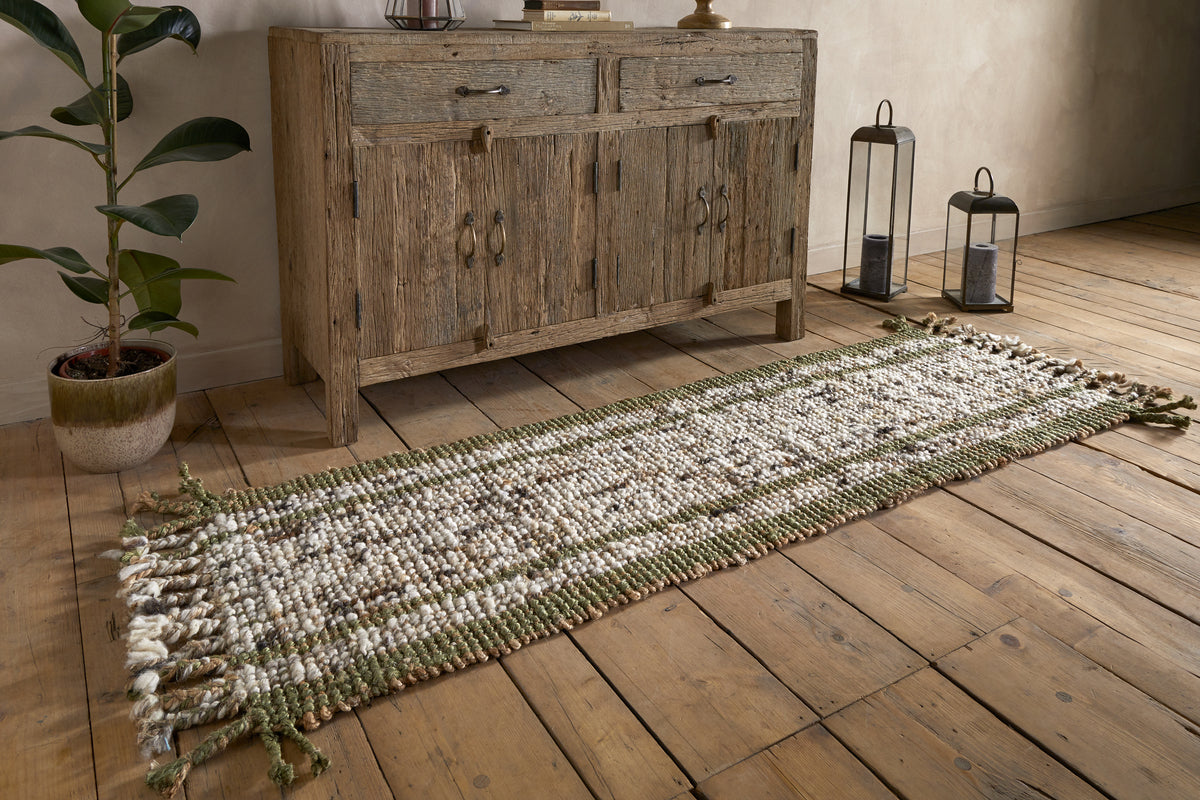 Kanta Jute & Textural Tweed Runner - Olive Green - 66 x 200cm