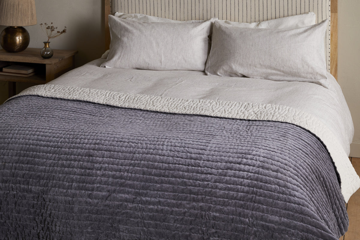 Nidra Velvet & Linen Bed Quilt - Charcoal