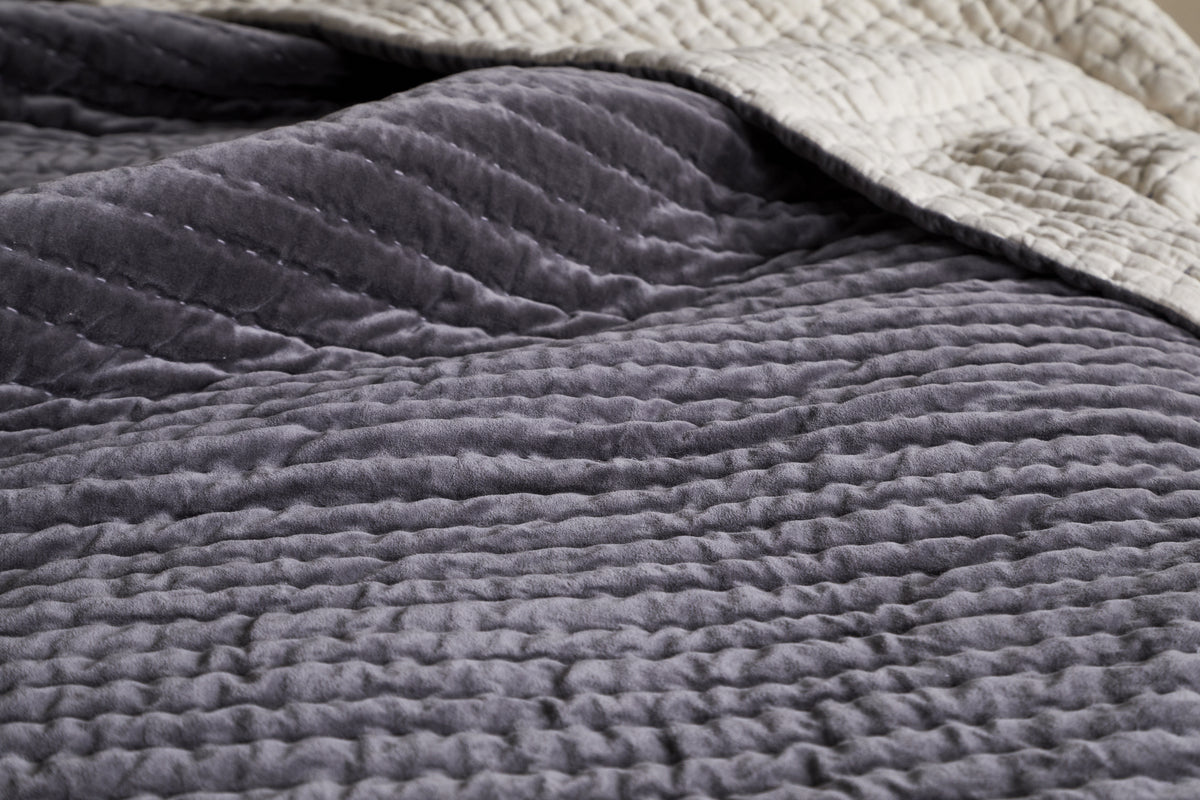 Nidra Velvet & Linen Bed Quilt - Charcoal