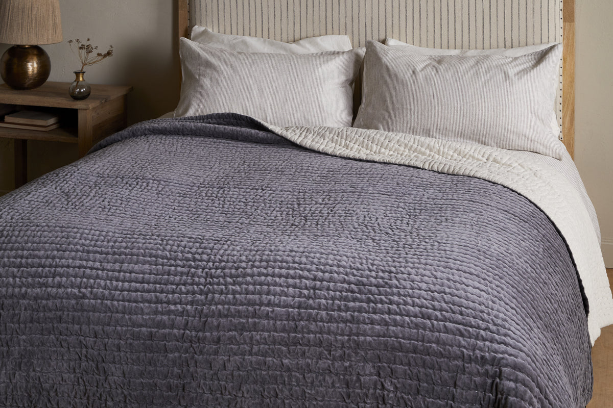 Nidra Velvet & Linen Bed Quilt - Charcoal