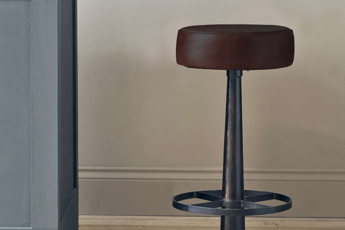 Narwana Leather Round Stool - Dark Brown