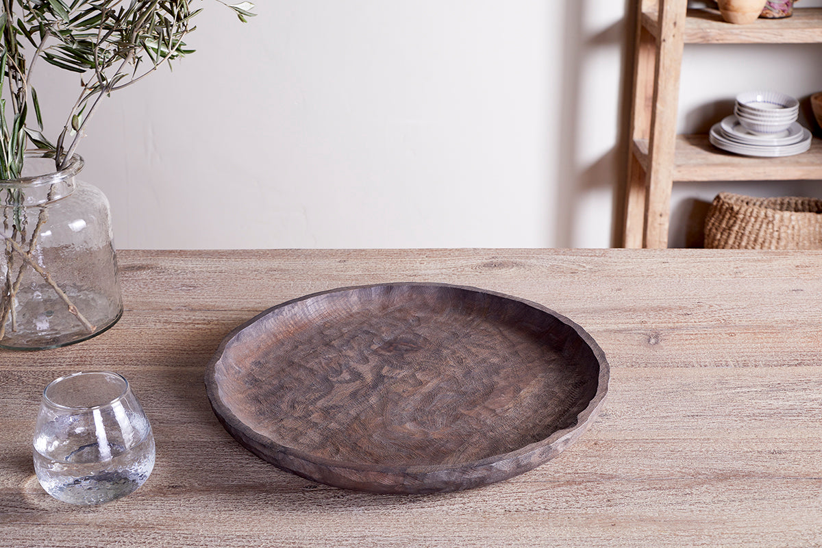 Nyati Mango Wood Etched Round Tray - Dark-Trade nkuku