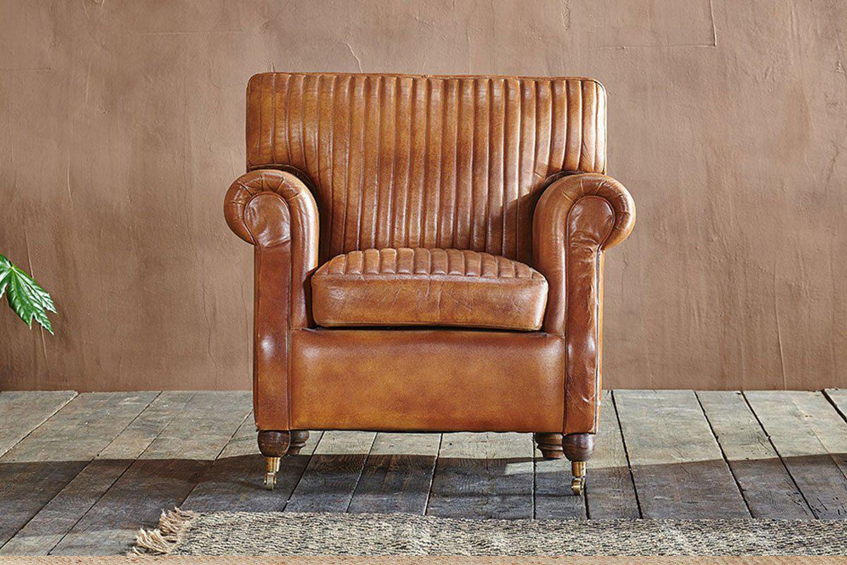 Narwana Ribbed Leather Armchair - Aged Tan