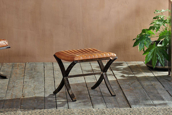 Narwana Ribbed Leather Footstool - Aged Tan