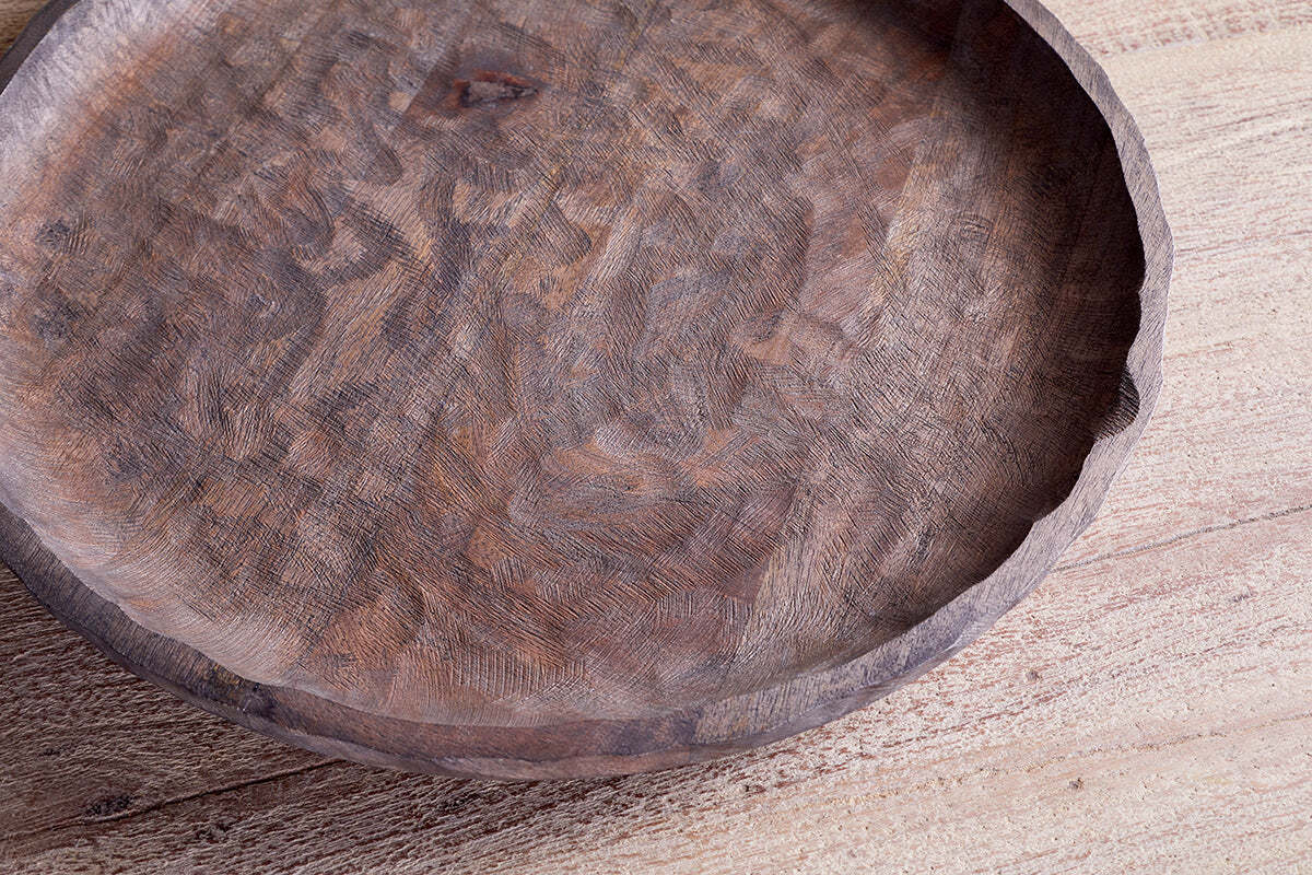 Nyati Mango Wood Etched Round Tray - Dark Brown
