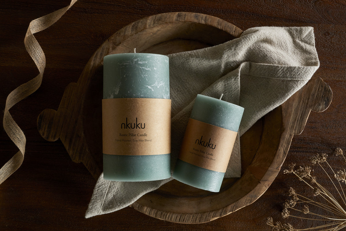 Rustic Soy Blend Pillar Candle - Sage Green - Large