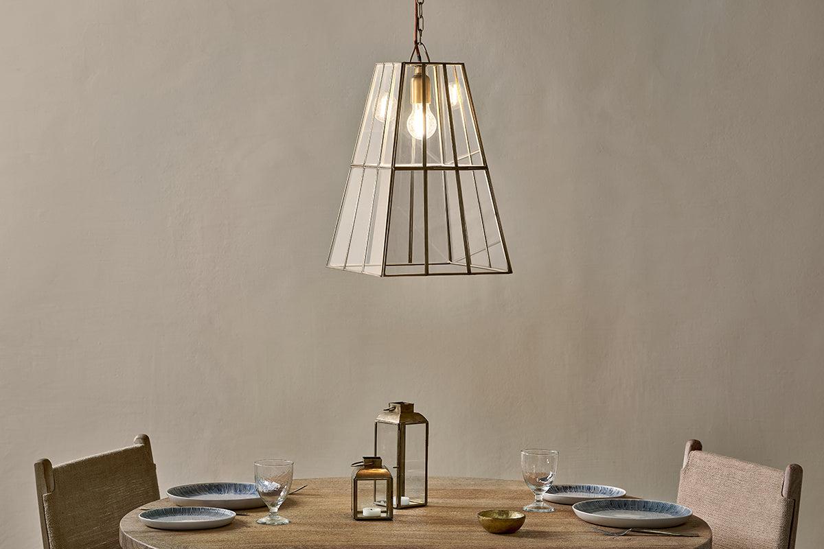 Solan Glass Lantern Pendant - Clear & Antique Brass