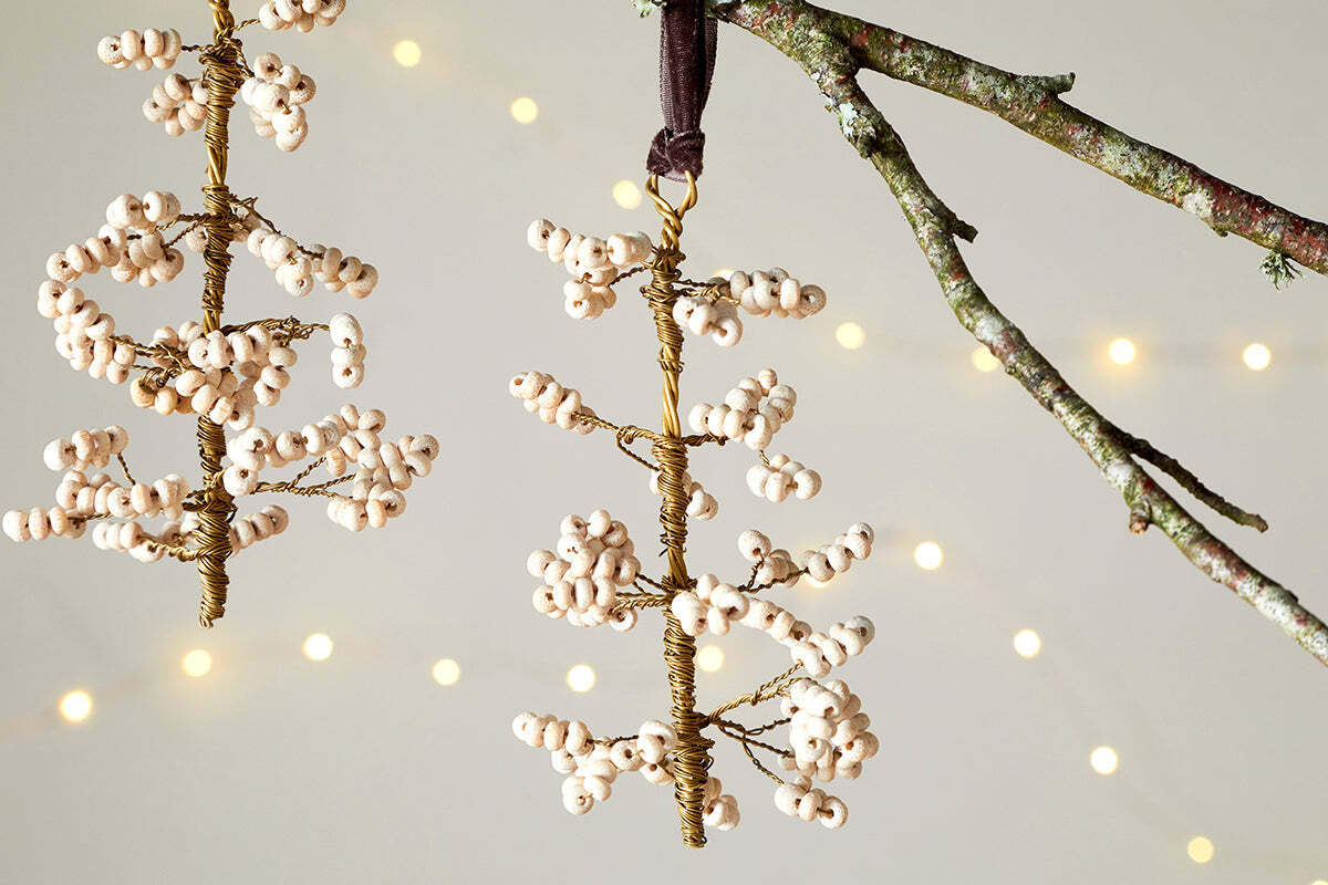 Tanu Mango Wood Beaded Baubles - Brass & Natural (Set of 3)