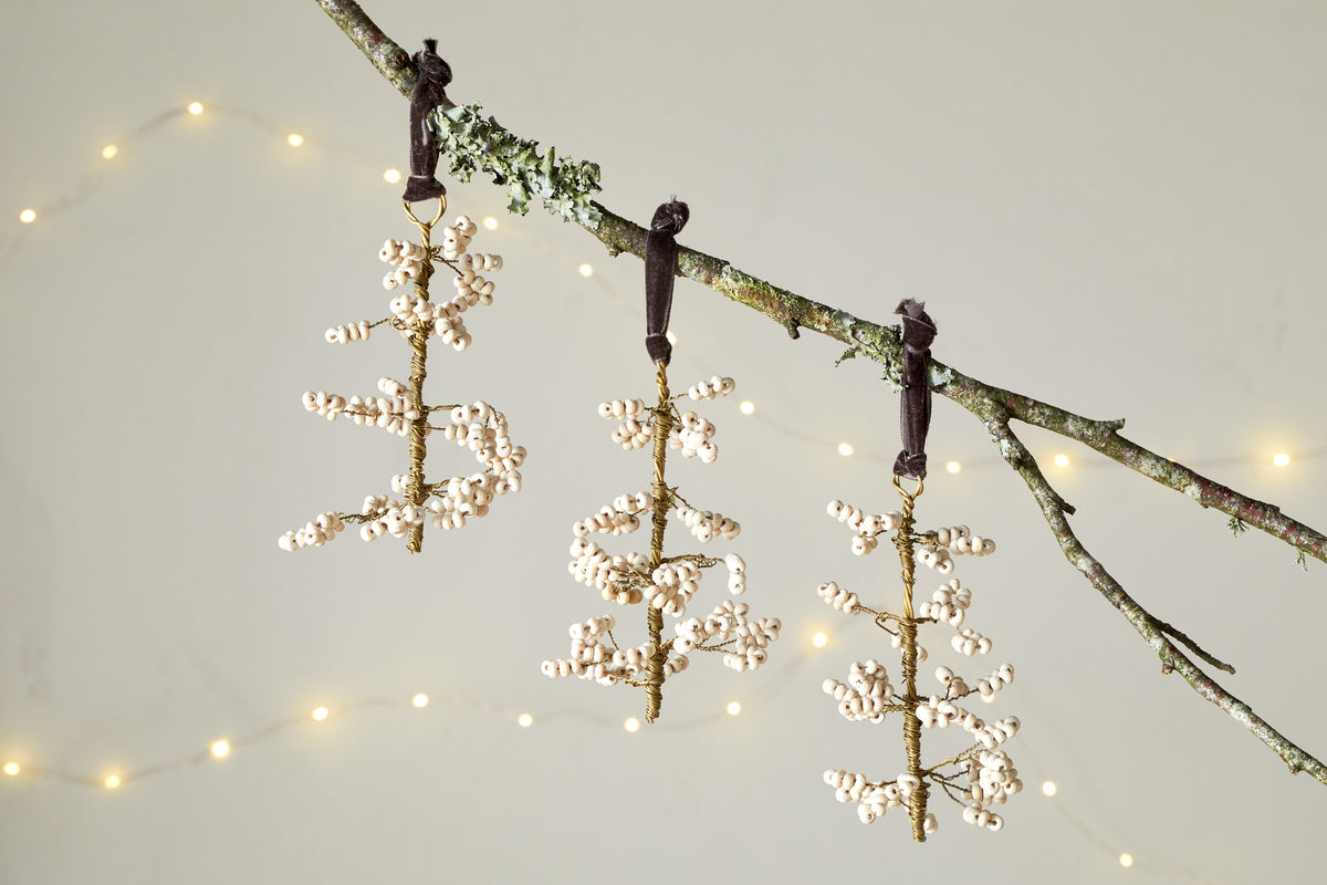 Tanu Mango Wood Beaded Baubles - Brass & Natural (Set of 3)