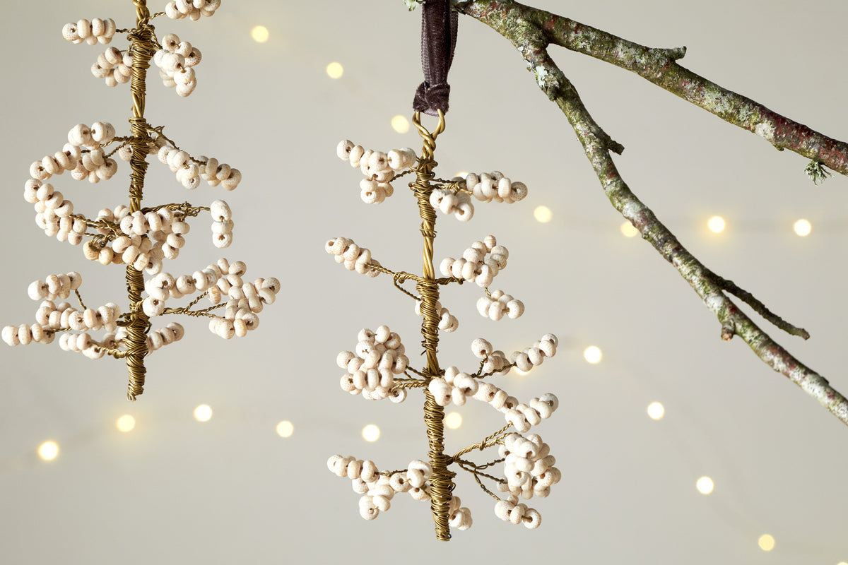 Tanu Mango Wood Beaded Baubles - Brass & Natural (Set of 3)