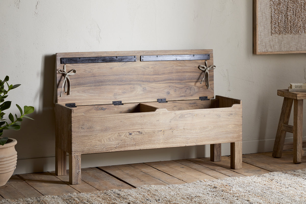 Teni Reclaimed Wood Storage Bench with Upholstered Linen Cushion - Natural