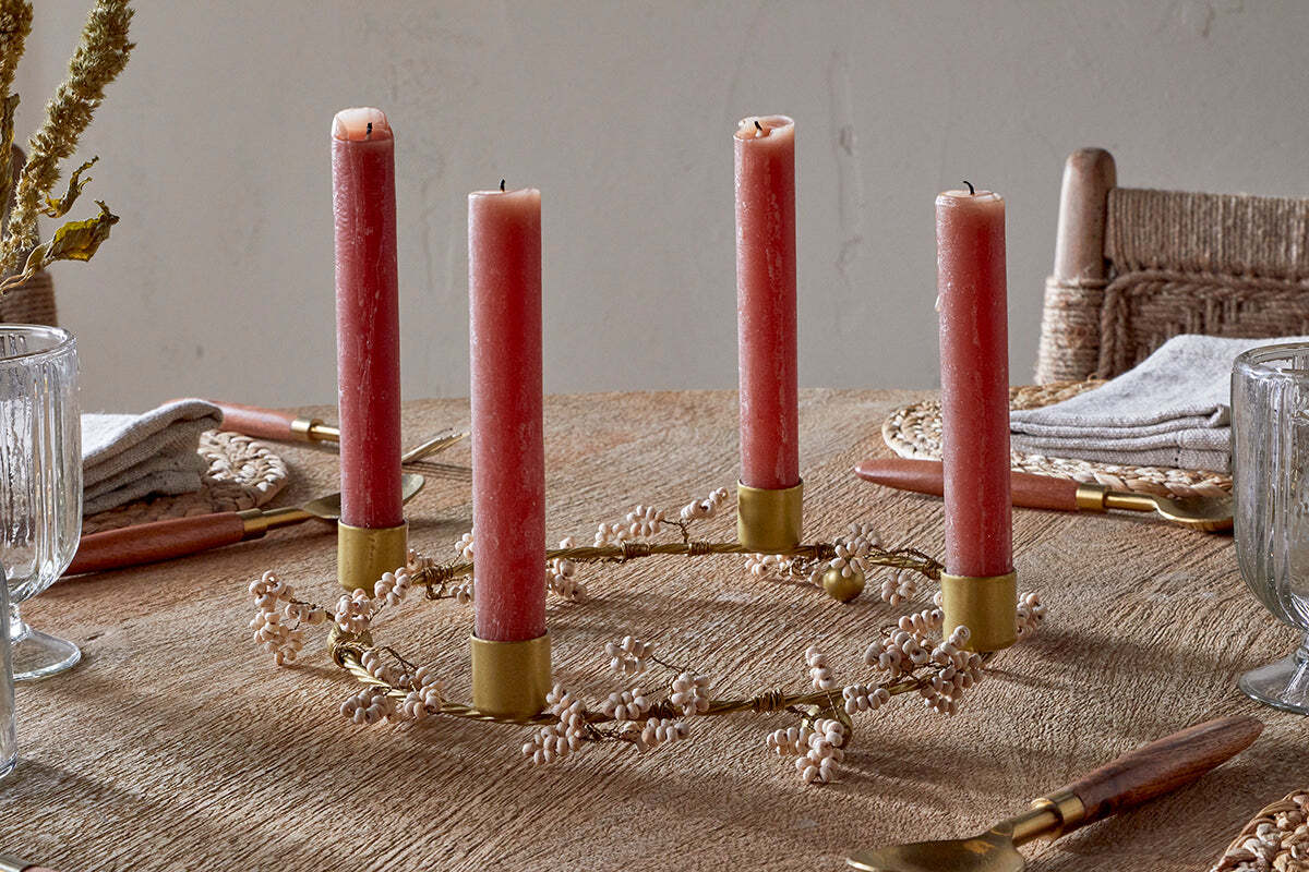 Tanu Mango Wood Beaded Candle Holder - Brass & Natural
